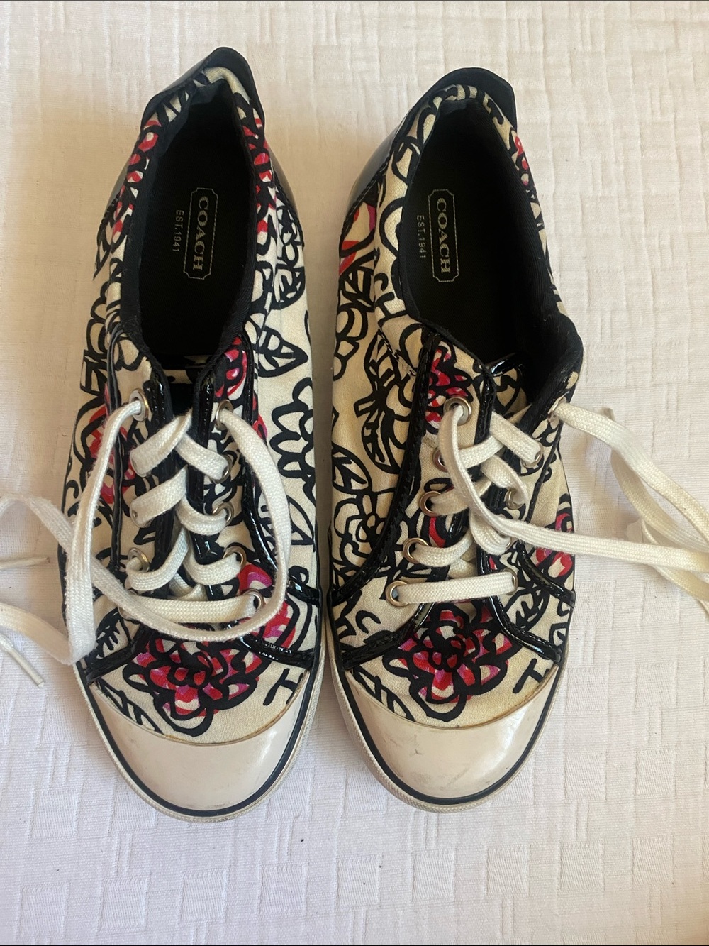 COACH Cream Canvas Sneakers with Black and Red Floral Motif - Picture 1 of 9